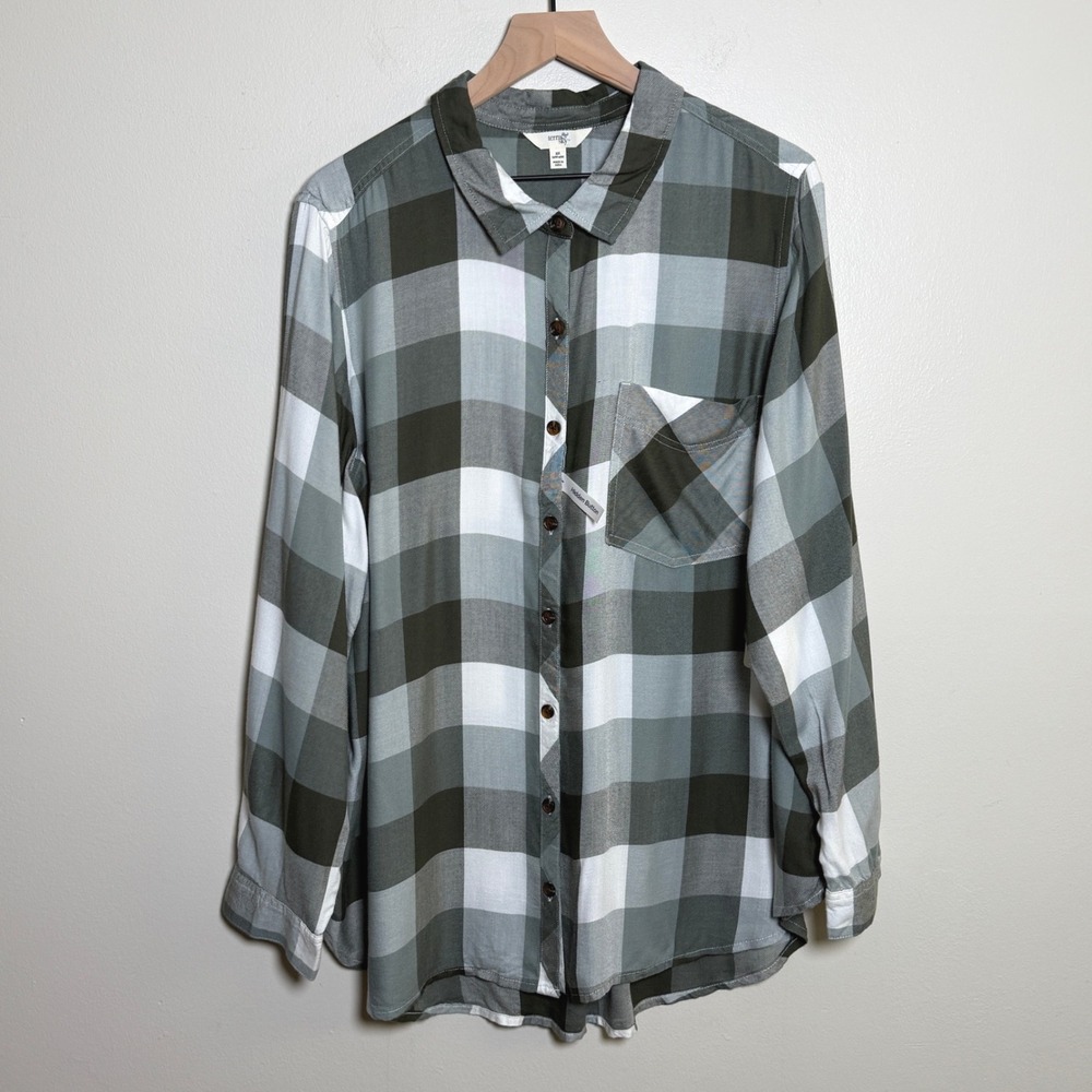 Terra & Sky‎ Womens Button Shirt 2X Green Buffalo Plaid Pocket Cabin Autumn Soft